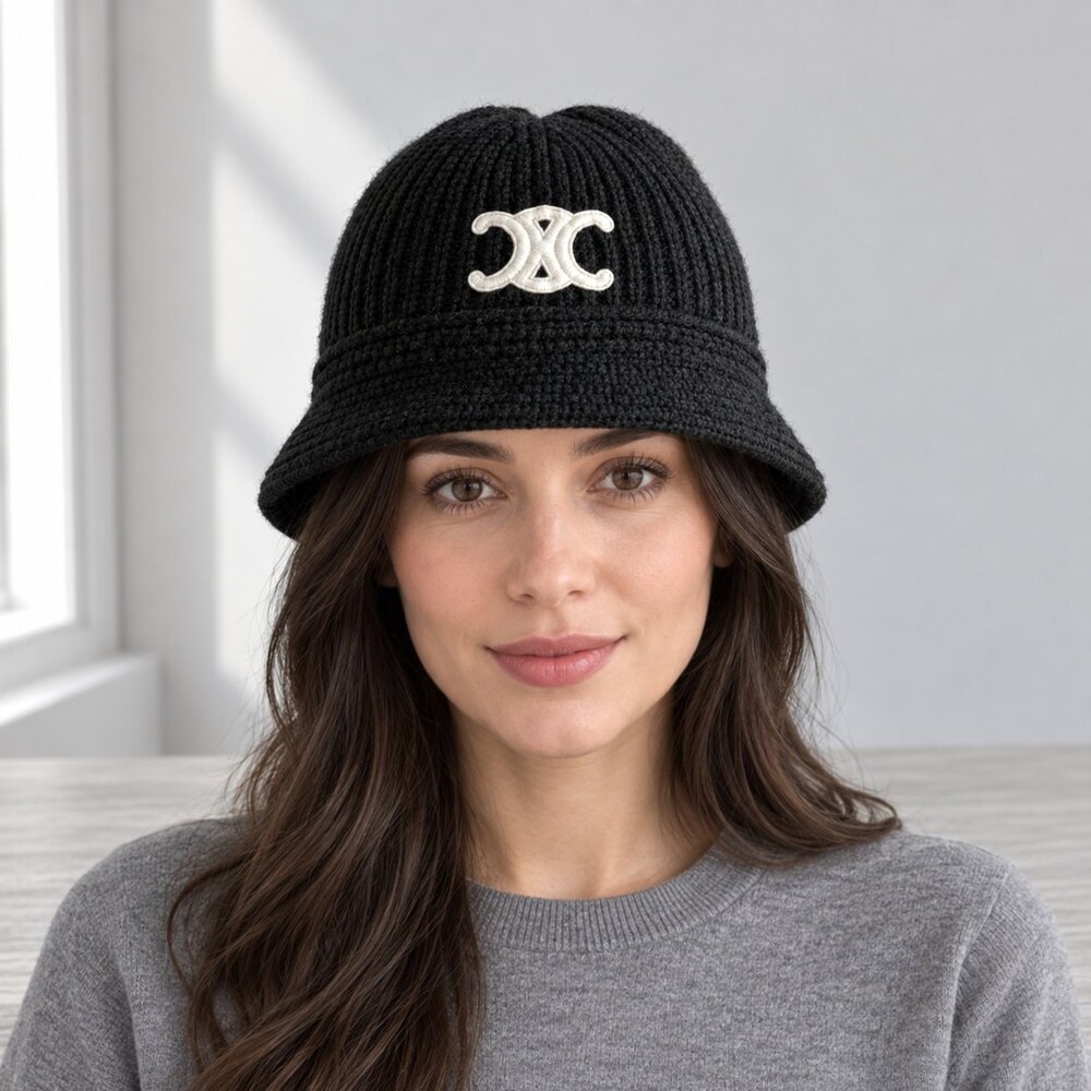 CELINE Black Ribbed Knit Bucket Hat - Picture 2 of 6